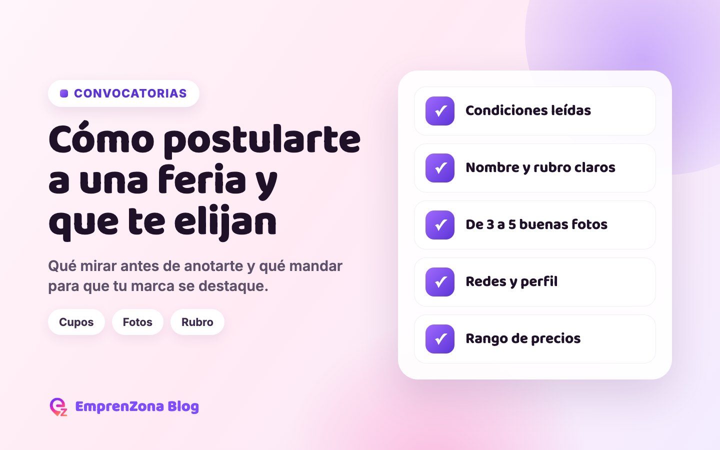 Portada con las partes de una buena postulación a una feria