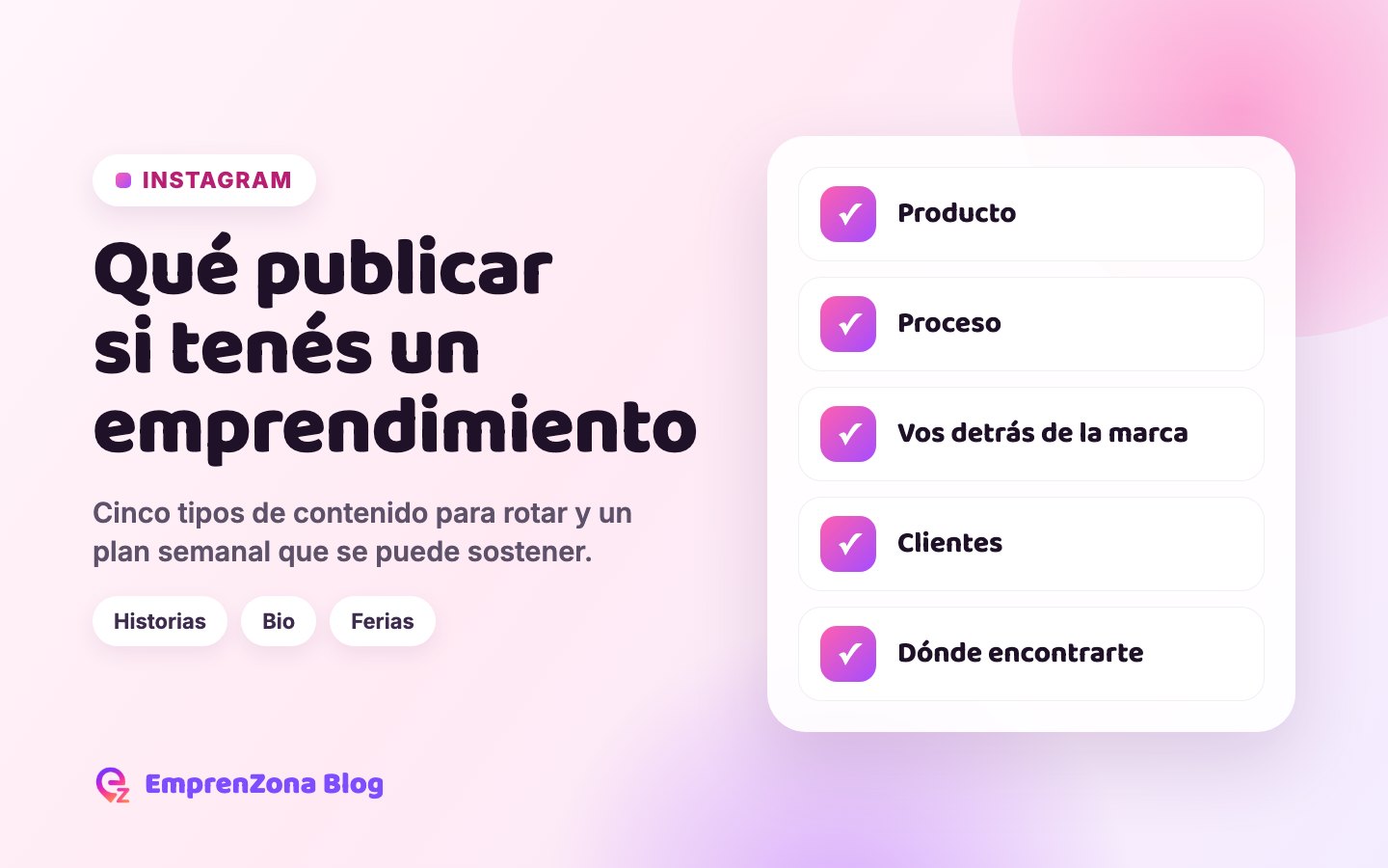Portada con los cinco tipos de contenido para el Instagram de un emprendimiento